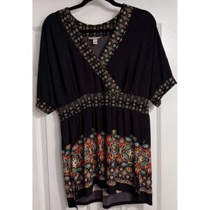 VTG 90s Dressbarn‎ Womens Babydoll Top Sz 14 16 Black Artsy Fairy Stretchy